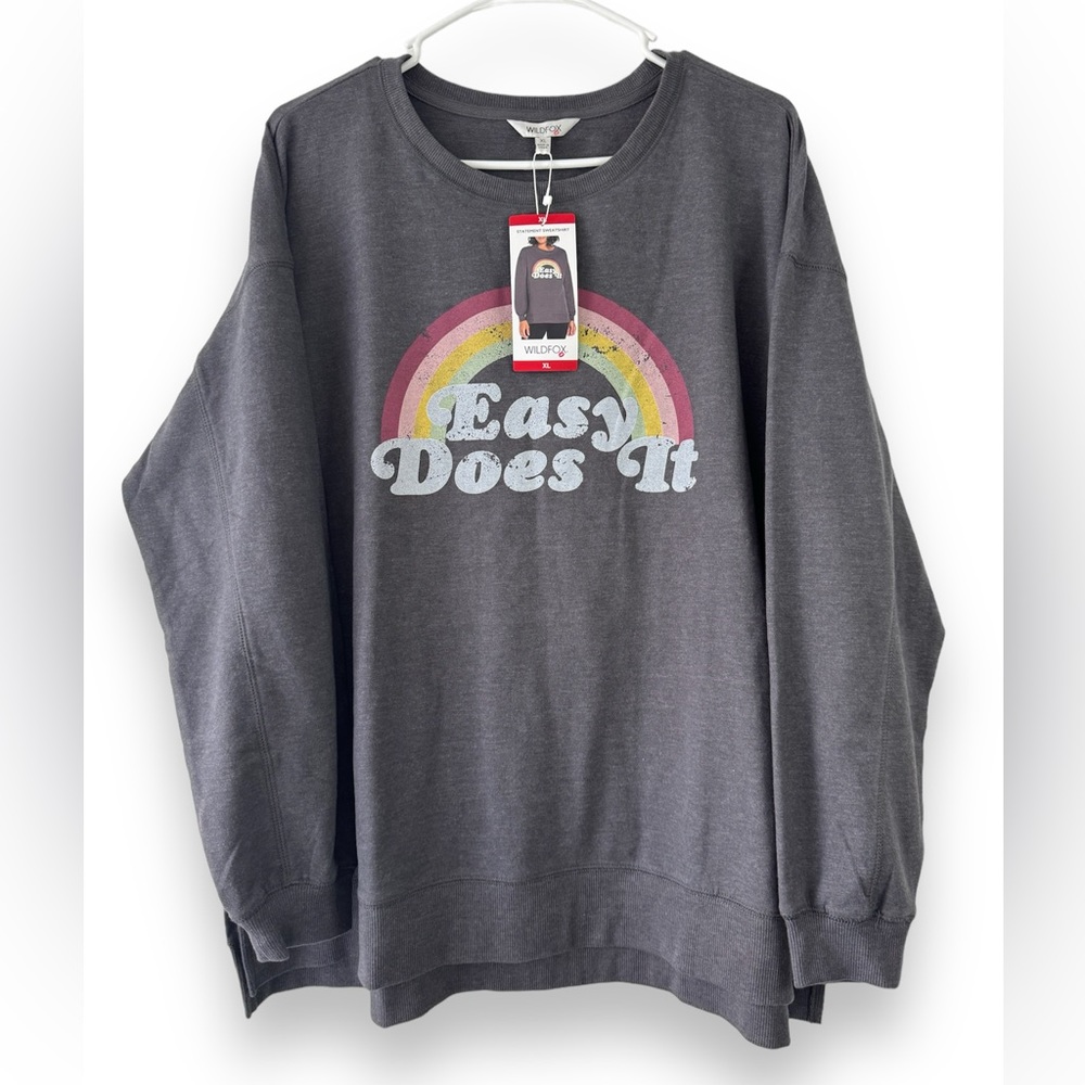 WILDFOX NWT “Easy Does It” Rainbow Graphic Charcoal Plus Pullover Sweatshirt XL